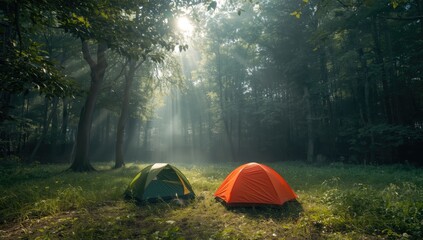 Camping tents in a wooded area under soft sunlight, highlighting outdoor shelter and environmental conservation