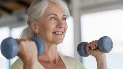 A woman with gray hair is lifting dumbbells with a smile in a fitness center. She looks focused and engaged in her workout routine with natural light coming through windows