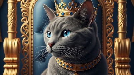 Majestic grey cat wearing crown on throne