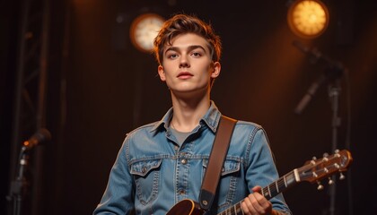 Young male musician performs a live acoustic guitar set on stage