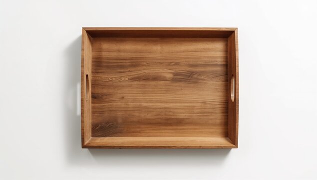 Top view of a square wooden tray isolated on white, suitable for food display or serving, studio setup, World Food Day