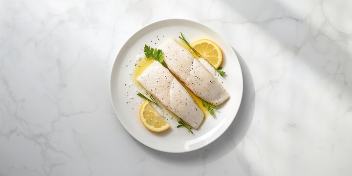 Plated haddock fillets garnished with lemon and parsley, fresh seafood preparation, World Seafood Day