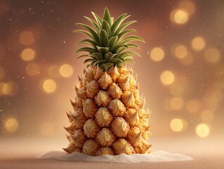 Artistic carved pineapple standing on sand with magical golden bokeh lights background for tropical holiday celebration