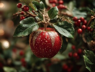 Artistic glittering apple ornament hanging on autumn tree branch with magical festive bokeh lights for holiday celebration background