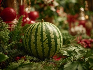 Creative Christmas decoration with a fresh watermelon as a unique holiday ornament placed on a traditional pine tree branch with festive winter background and rustic celebration vibe