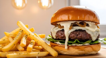 Gourmet Cheeseburger and Fries on Wood