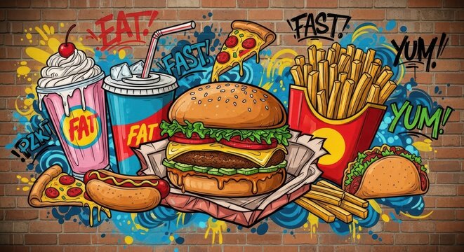 Colorful collection of various street food items depicted in a vibrant graffiti style on a brick wall background