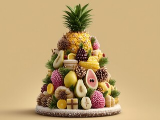 Unique Christmas tree pyramid tower made of pineapple and exotic fruits with pine branches for creative festive holiday celebration