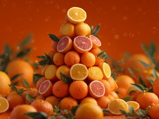 Auspicious citrus fruit pyramid with fresh sliced oranges and grapefruits for Chinese New Year celebration and lunar spring festival luck and prosperity concept