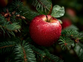 Fresh organic apple with water droplets nestled in festive evergreen pine branches for winter holiday season