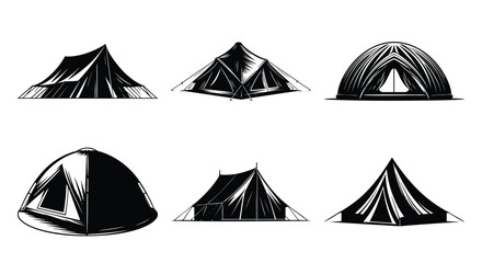 Collection of diverse camping tent illustrations hand-drawn sketch style for outdoor adventure and travel design elements isolated on white