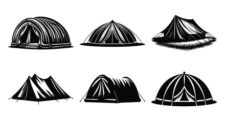 Collection of diverse camping tent illustrations featuring various dome and A-frame styles perfect for outdoor adventure graphics and travel concepts © Md Hasan
