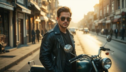 Stylish Man in Leather Jacket Next to His Bike at Sunset