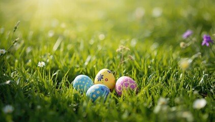 Vivid Easter eggs hidden in grassy field during festivities, suitable for holiday background