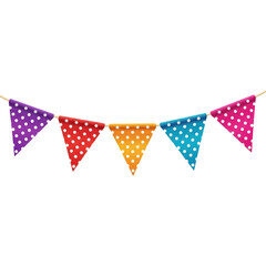 Fototapeta premium Colorful polka dot triangular bunting flags on a string decoration isolated on transparent background