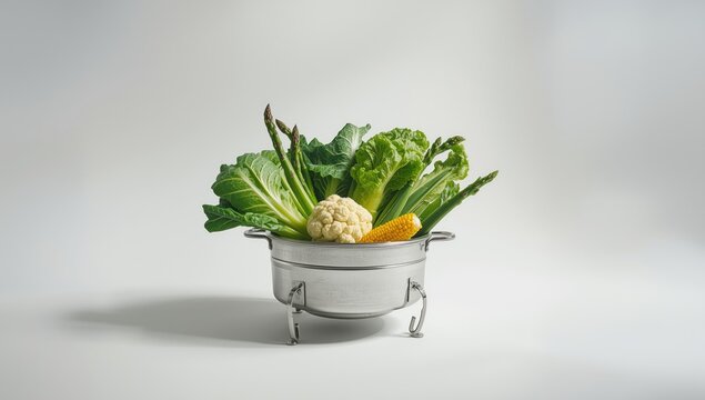 Vegetables such as Brussels cabbage asparagus baby corn cauliflower and bamia in a metal steamer, culinary process