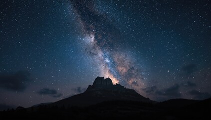 Mountain scene with a Milky Way galaxy backdrop in low light, nighttime photography, Earth Day