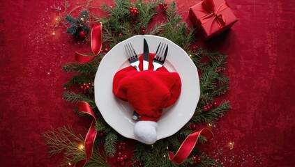 Festive holiday table with an unfilled plate, cutlery, Christmas decorations, and gift, seasonal celebration