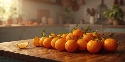 Multiple fresh oranges on a table set as a vibrant background for culinary display, seasonal produce, World Food Day