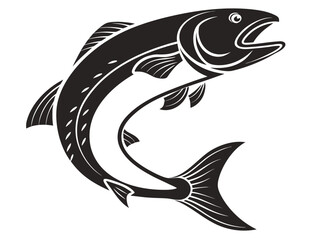 Stylized Black Silhouette of a Salmon Leaping Upwards on a White Background fish jumping