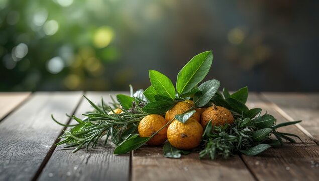 Aromatic herbs and bergamot fruit for natural room fragrance, focusing on freshening and deodorizing