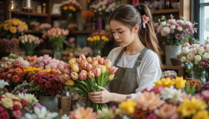 Young woman florist arranging beautiful fresh flowers in a charming shop