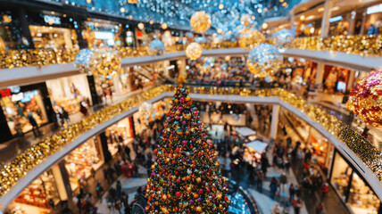 Fototapeta premium People in shopping mall decorated for Christmas and new Year. Discounts, Sales season. Motion blur effect