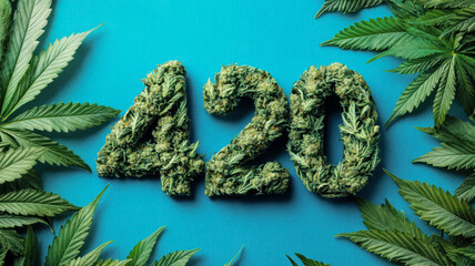 Number 420 made of cannabis buds on blue background