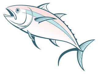 Stylized illustration of a pink and blue tuna fish with open mouth and fins seafood marine life