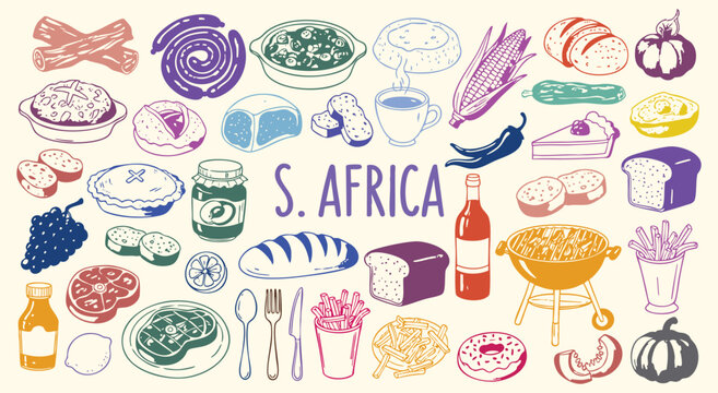 South Africa Icon Set. African Food. A hand drawn vector collection of braai meat, sausage, wine, corn and traditional dishes for a restaurant menu, travel flyer, and cultural guide.