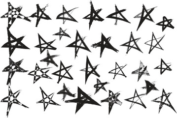 Fototapeta premium Set of Hand-Drawn Grunge Star Vectors: Distressed Ink Texture Stars, Messy Sketch Starbursts, and Creative Decorative Graphic Elements