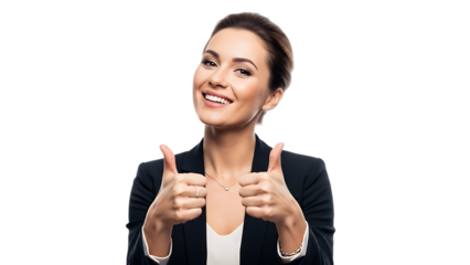 Smiling confident businesswoman giving thumbs up gesture, professional success approval concept, positive feedback, motivation, leadership, corporate communication and achievement