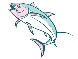 Stylized Tuna Fish in Teal and Pink Leaping with Fins Spread seafood marine