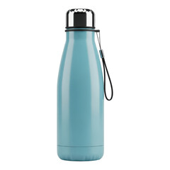 A shiny teal colored metal insulated water bottle with a black lid and strap isolated on transparent background