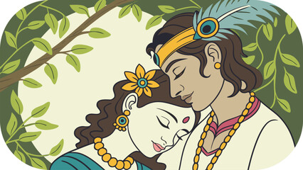 Tender Embrace of Krishna and Radha Under a Tree with Leaves and Sunlight Hindu deities