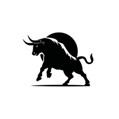 Bold silhouette of a bull charging forward against a black sun