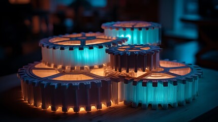 Glowing gears with blue and orange light, mechanical parts, industrial machinery components, futuristic technology, illuminated cogwheels, industrial equipment