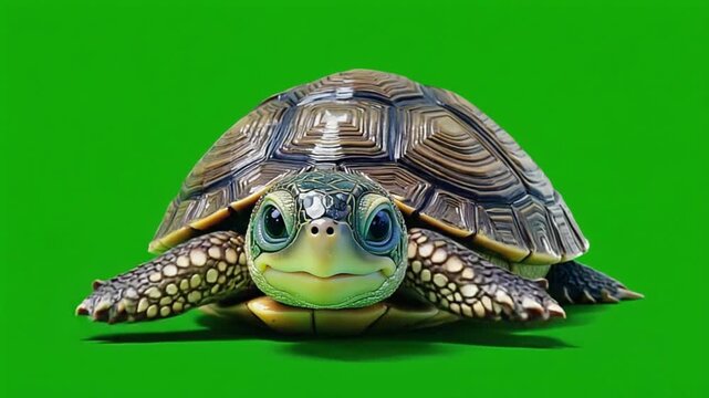 Smiling turtle with big eyes on green background