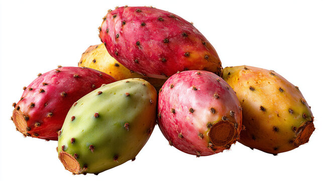 A vibrant and colorful arrangement of prickly pears in various shades of red green and yellow on a plain white background
