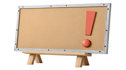 Cork bulletin board with exclamation mark and pin isolated on transparent background