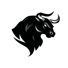 Bold silhouette of a bull head with horns against a white background
