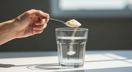 Hand pouring powder from a spoon into a glass of water, sunlight