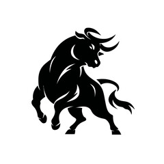 Bold silhouette of a powerful bull with curving horns on white background