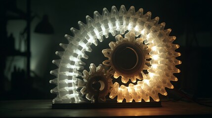 Glowing gear powering on, illuminated mechanical cogwheel in dark background, industrial technology concept with shining metallic components