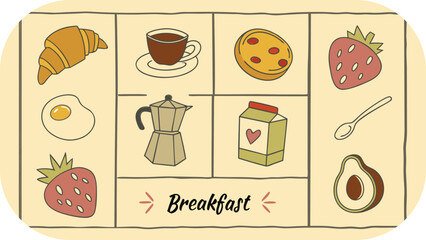 Vintage Style Breakfast Food and Drink Illustrations with Text croissant coffee