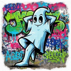 Cheerful cartoon spirit relaxes against a brightly colored urban street art background