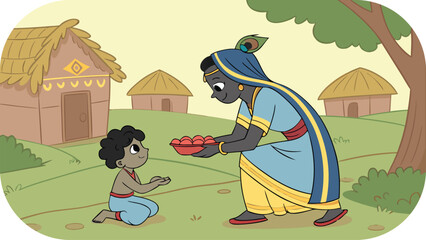 Woman in Blue Sari Presents Fruit to a Young Boy in Indian Village tradition offering