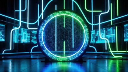 Circular portal emitting blue light, with glowing neon tubes and screens behind