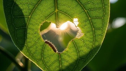 Close-up of damaged green leaf with sunlight.