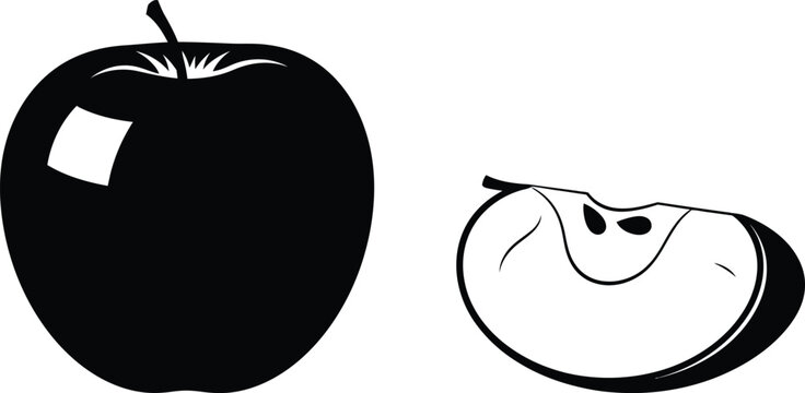 A simple black and white illustration of an apple and a slice